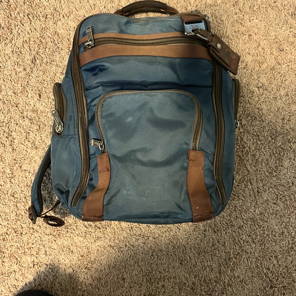 Tumi Blue and Brown Ballistic Nylon Backpack with Leather Accents - Picture 2 of 14
